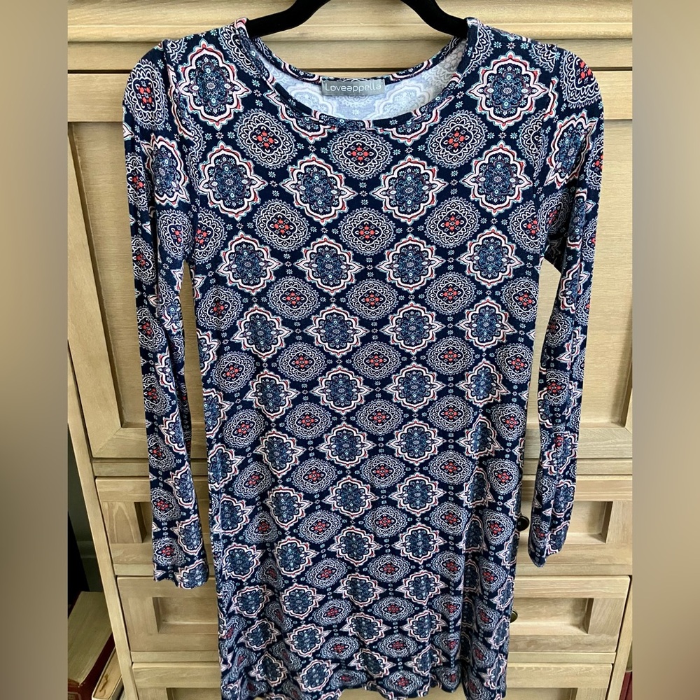 Loveappella Navy and Red Geometric Long Sleeve Dress